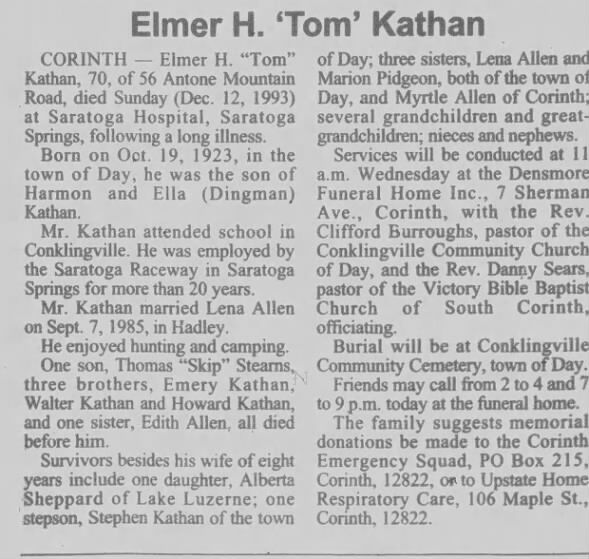 Obituary for Elmer H. Tom Kathan, 1923-1993 (Aged 70)